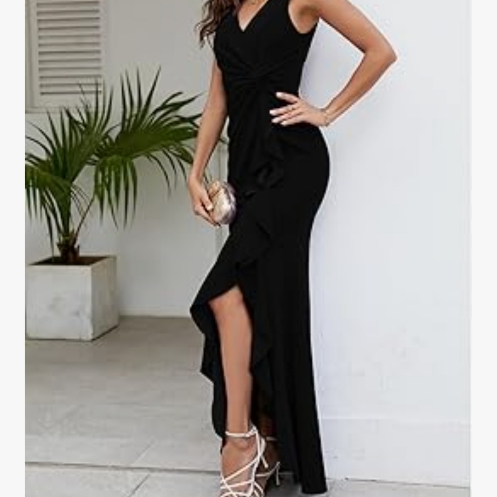 RELEEO Stunning High Low Black Sleeveless Split Wrap Evening Dress